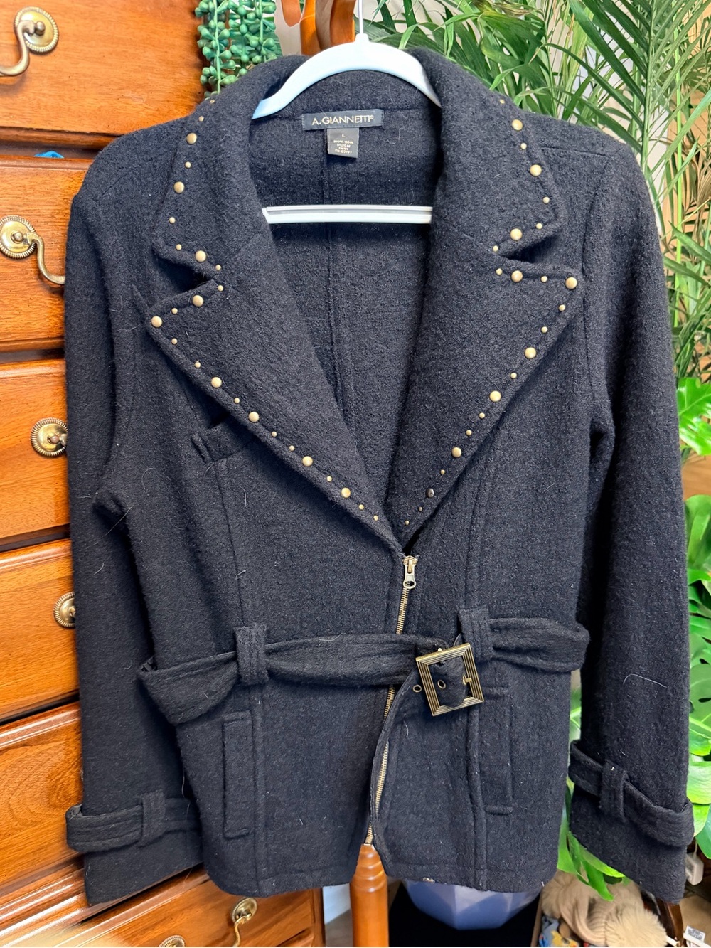 A. Giannetti Black Wool-Blend Studded Belted Jacket - Picture 3 of 3